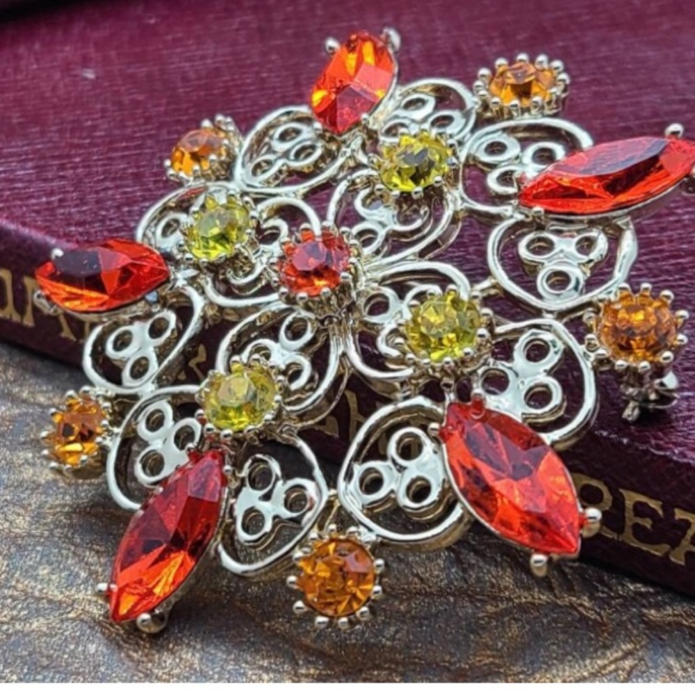 Vintage Emmons Orange, Red And Yellow Rhinestone Brooch Glows Under Black Light